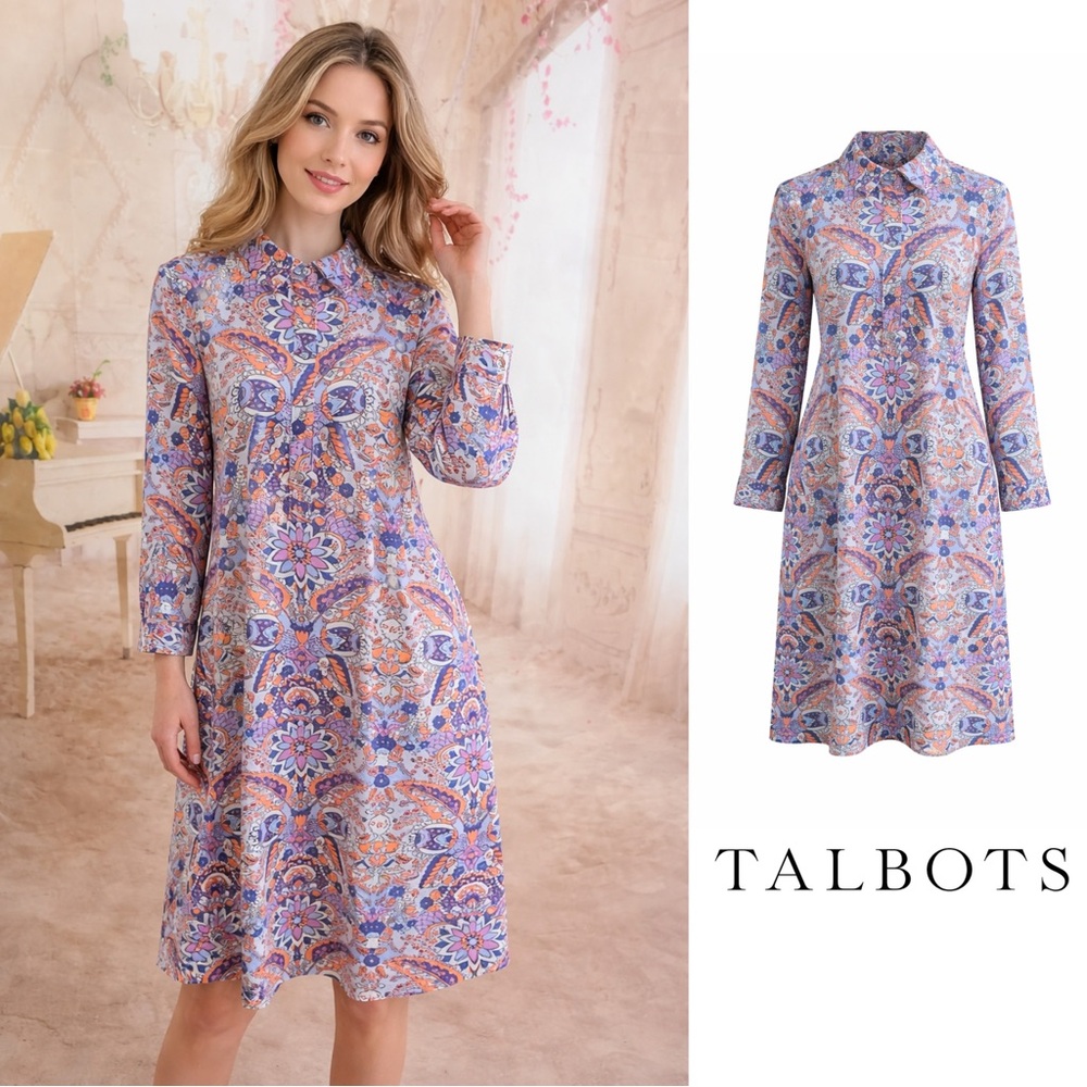 Talbots Collared Geometric Button Shirt Dress